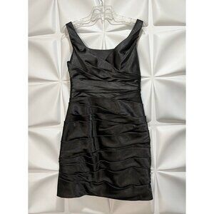 White House Black Market Sz 8 Black Satin Ruched Draped Low Back Formal Dress